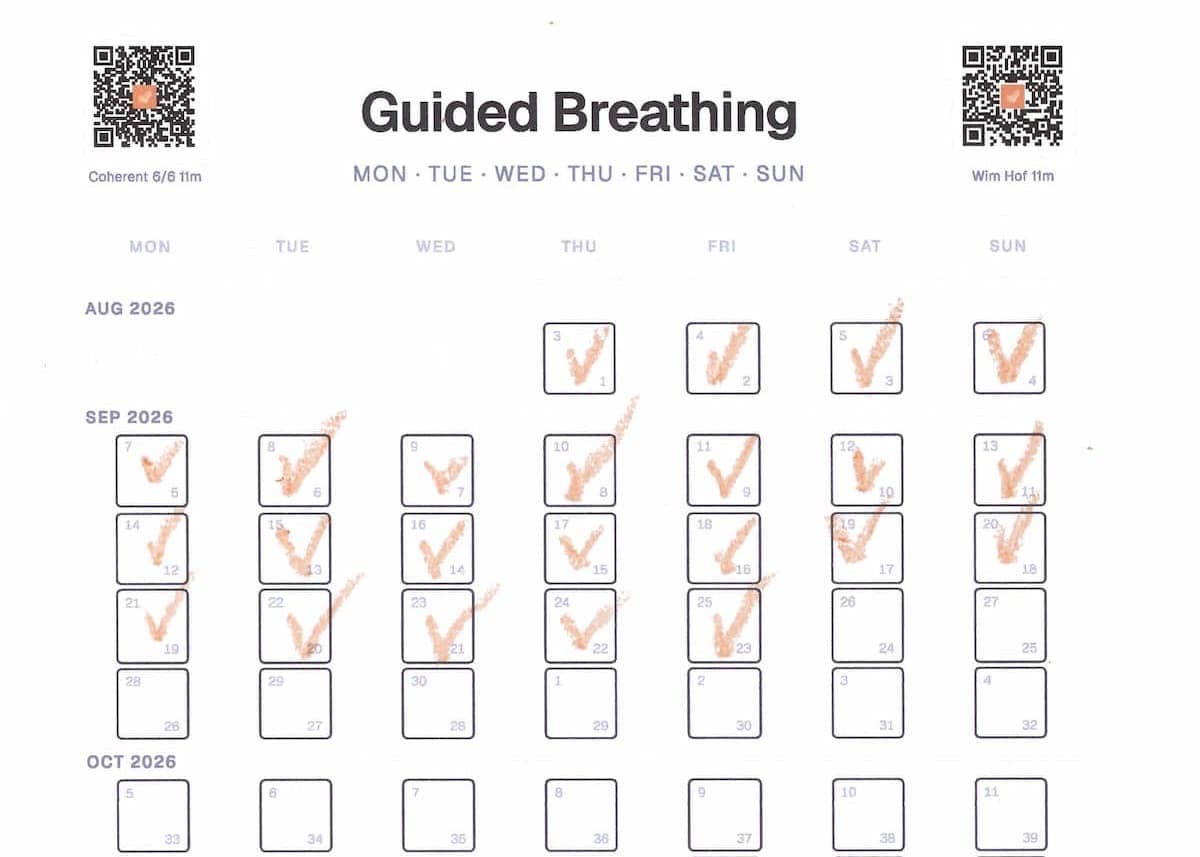 A printed Guided Breathing sheet, its first weeks checked off by hand.